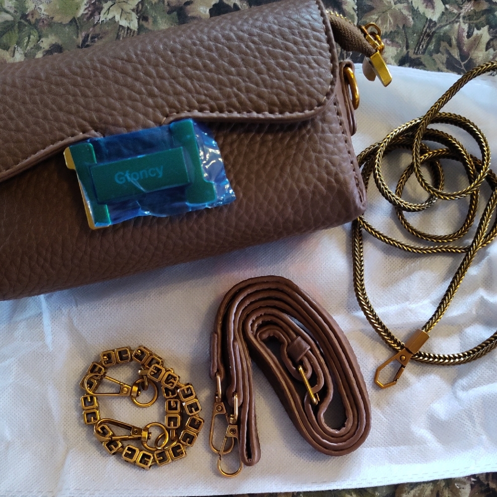 Brown Textured Crossbody Bag with Gold Accents